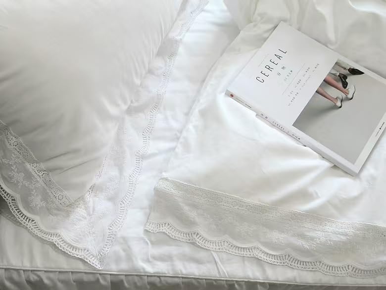 Meaning4 White Lace Pillow Shams Queen Size Pillowcases Cotton for Bed French Country Style 2 Pieces 20"x30" Shabby Chic - Image 5